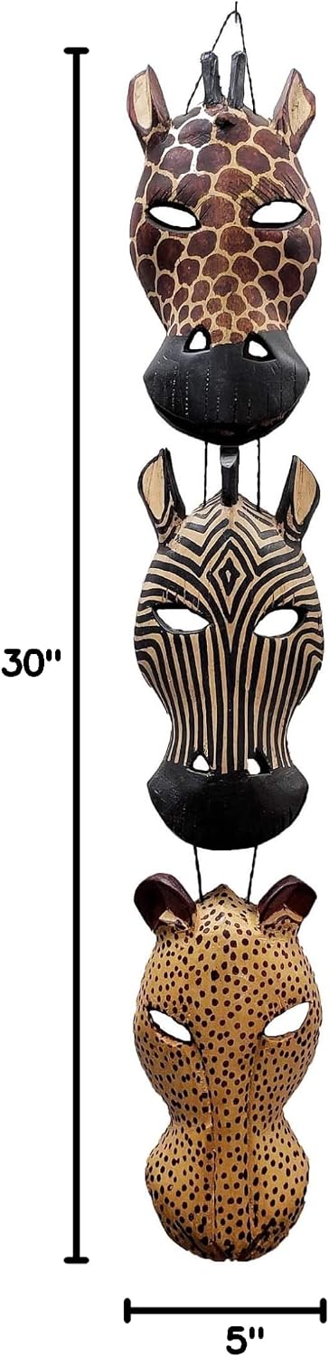 African Masks Wall Hanging Art Hand Carving Safari Décor Wall Head Sculpture Wild Animal Faces Strung Together For A Majestic Display (4A Face)