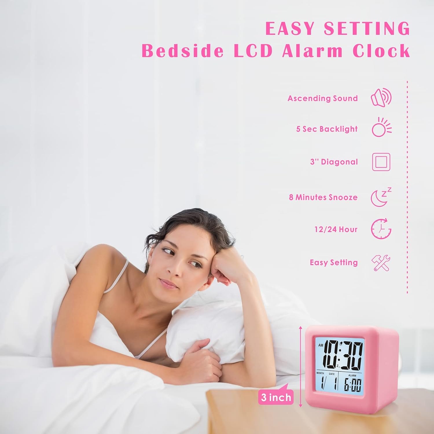 Plumeet Digital Alarm Clock Kids Clock with Snooze and White Nightlight - Easy Setting Travel Alarm Clocks Display Time, Date