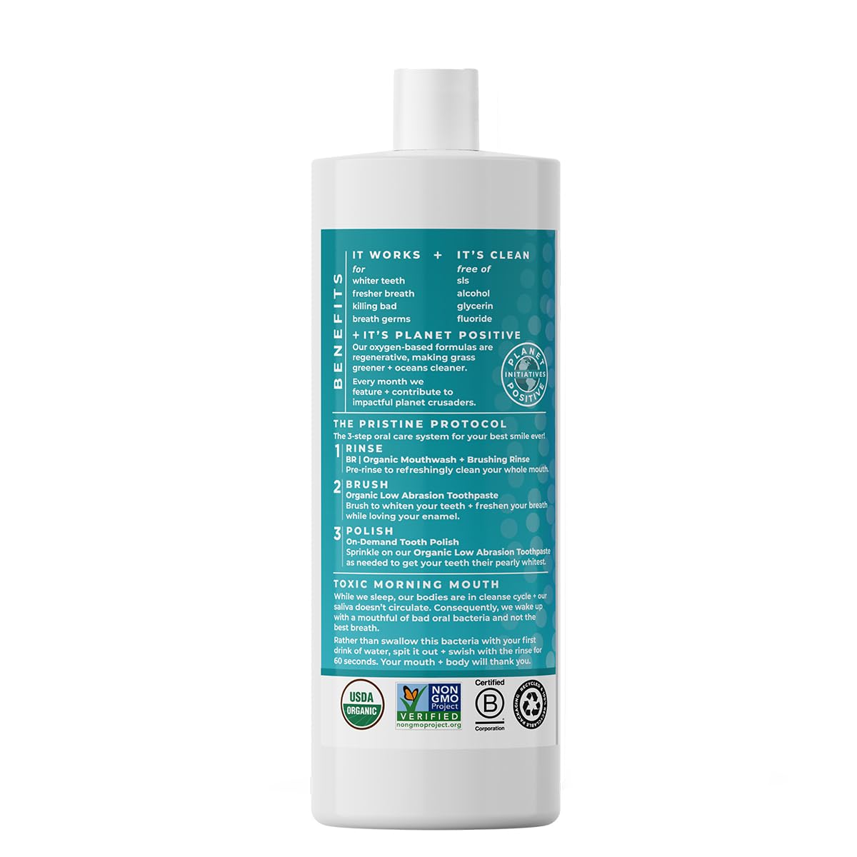 Essential Oxygen Certified BR Organic Brushing Rinse, All Natural Mouthwash for Whiter Teeth, Fresher Breath, and Happier Gums, Alcohol-Free Oral Care, Peppermint, 16 Ounce, Package may vary