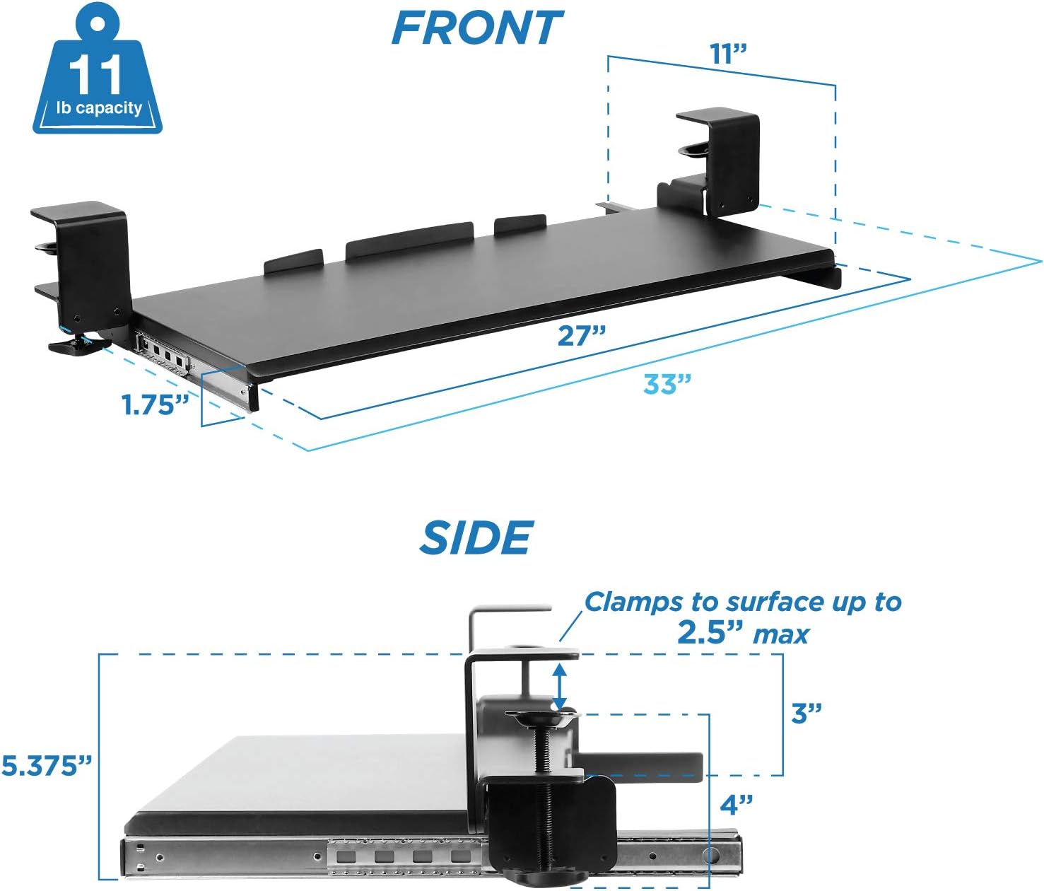 Mount-It! Keyboard Tray Under Desk, Clamp-On No-Drill Slide-Out Keyboard Drawer with Mouse Platform, 27" x 11" Ergonomic Keyboard Tray for Home Office