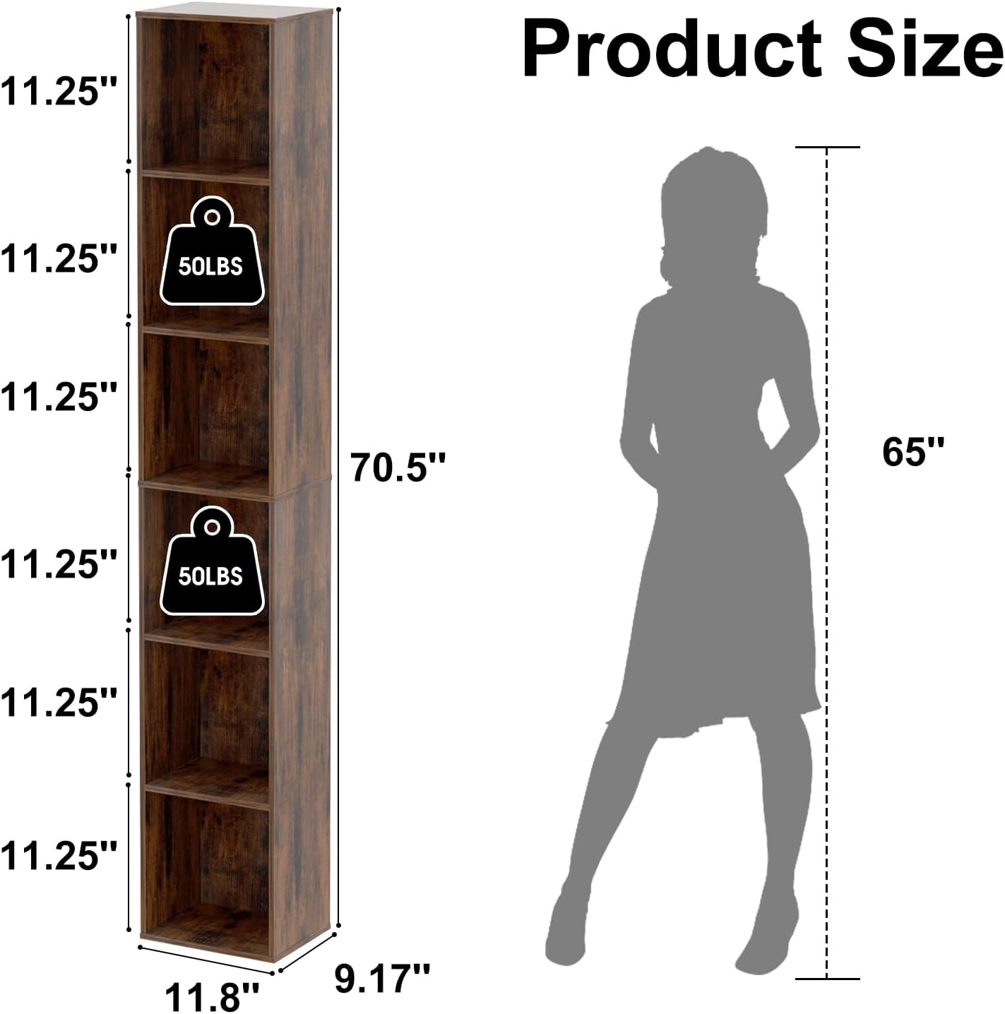 6-Tier Tall Narrow Bookshelf, 70.5" Skinny Thin Bookcase, Brown | Corner Shelf Slim Storage Cabinet
