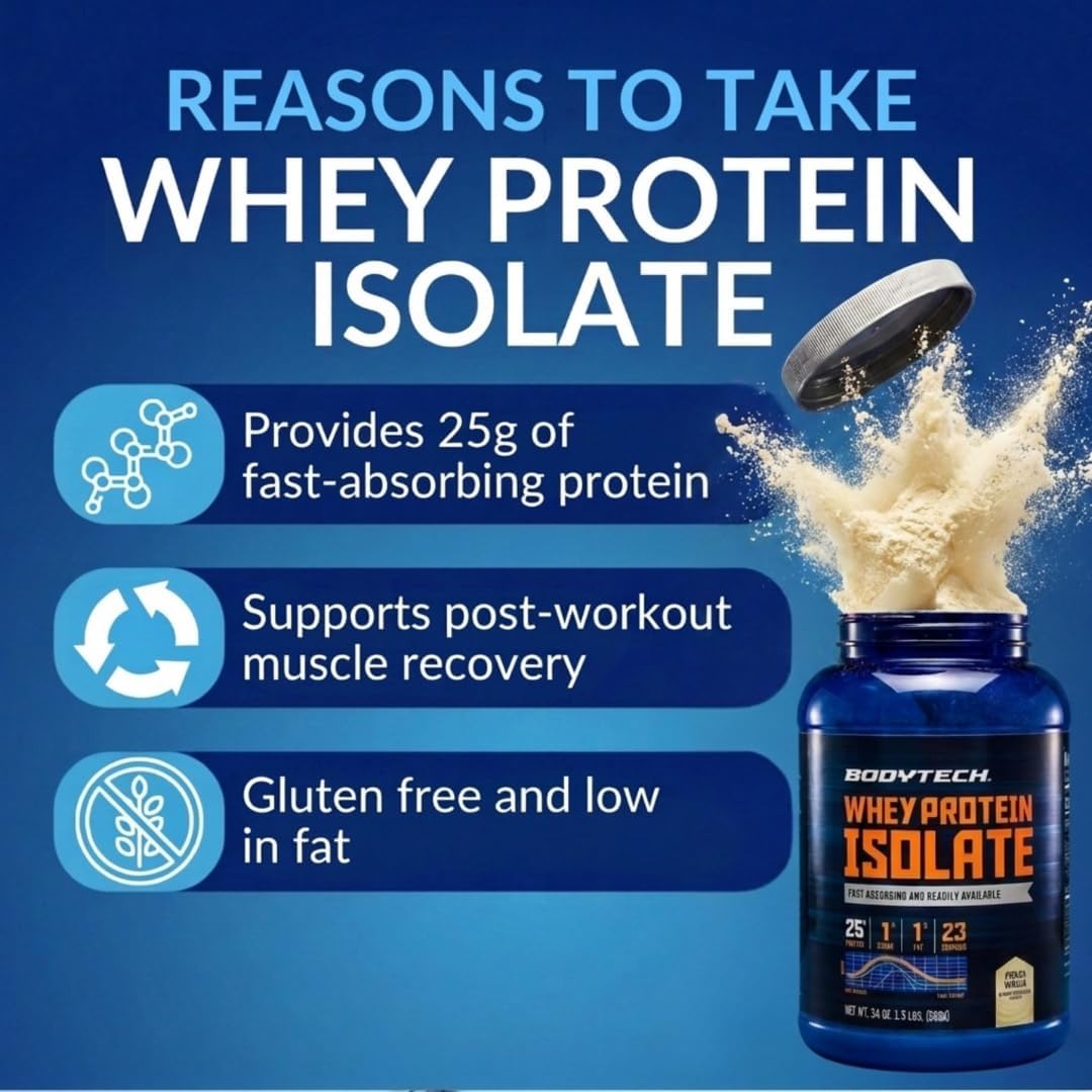 BodyTech Whey Protein Isolate Powder, French Vanilla, 1.5 LB, 23 Servings | 25G Protein per Serving, High Concentrated Protein Powder With Amino Acids & BCAAs for Men and Women, Gluten Free