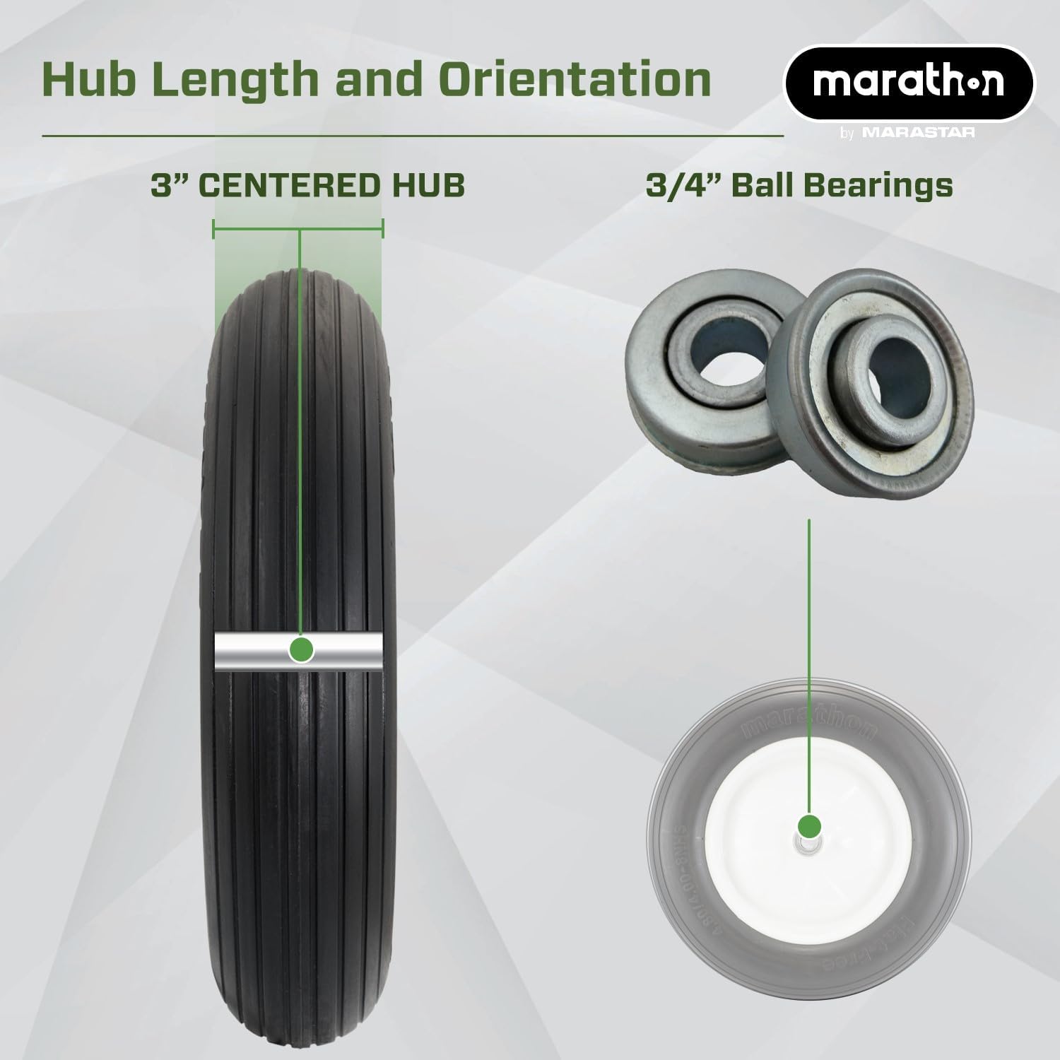 Marathon 4.80/4.00-8" Flat Free Tire on Wheel, 3" Hub, 5/8" Bearings, Ribbed Tread