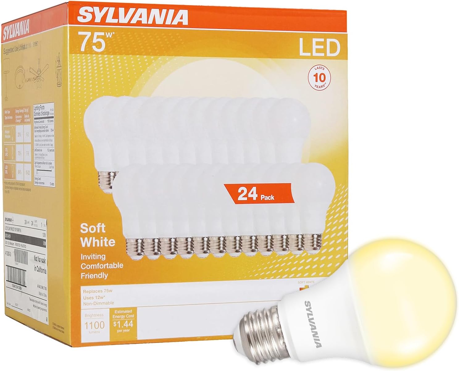 Sylvania LED A19 Light Bulb, 100W = 14W, Non-Dimmable, Frosted Finish, 1500 Lumens, 2700K, Soft White - 4 Pack (78101)