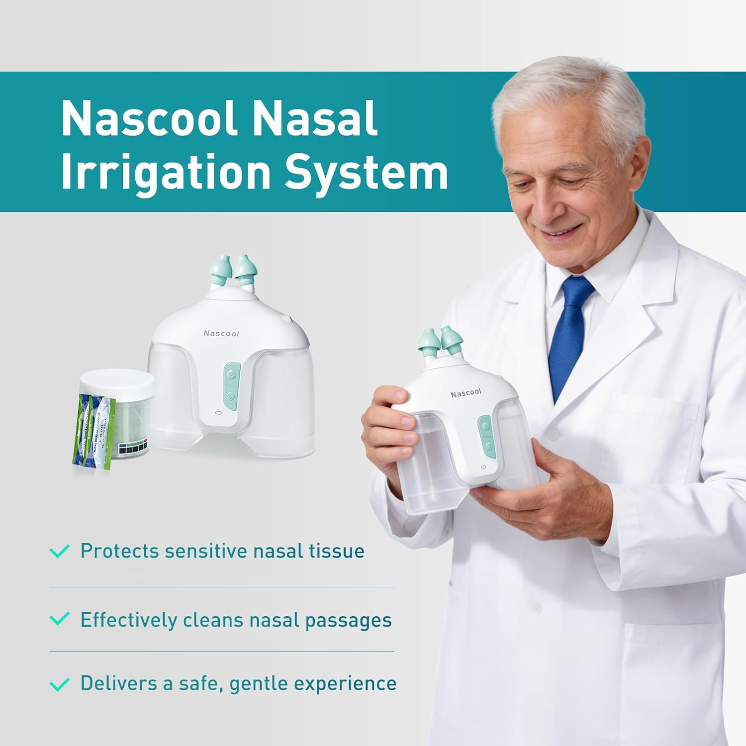 Nascool Electric Nasal Irrigation System with 50 Salt Packets Nose Cleaner | 2 Modes Sinus Rinse Machine with Self-Cleaning Cap, Rotatable Nozzle Base