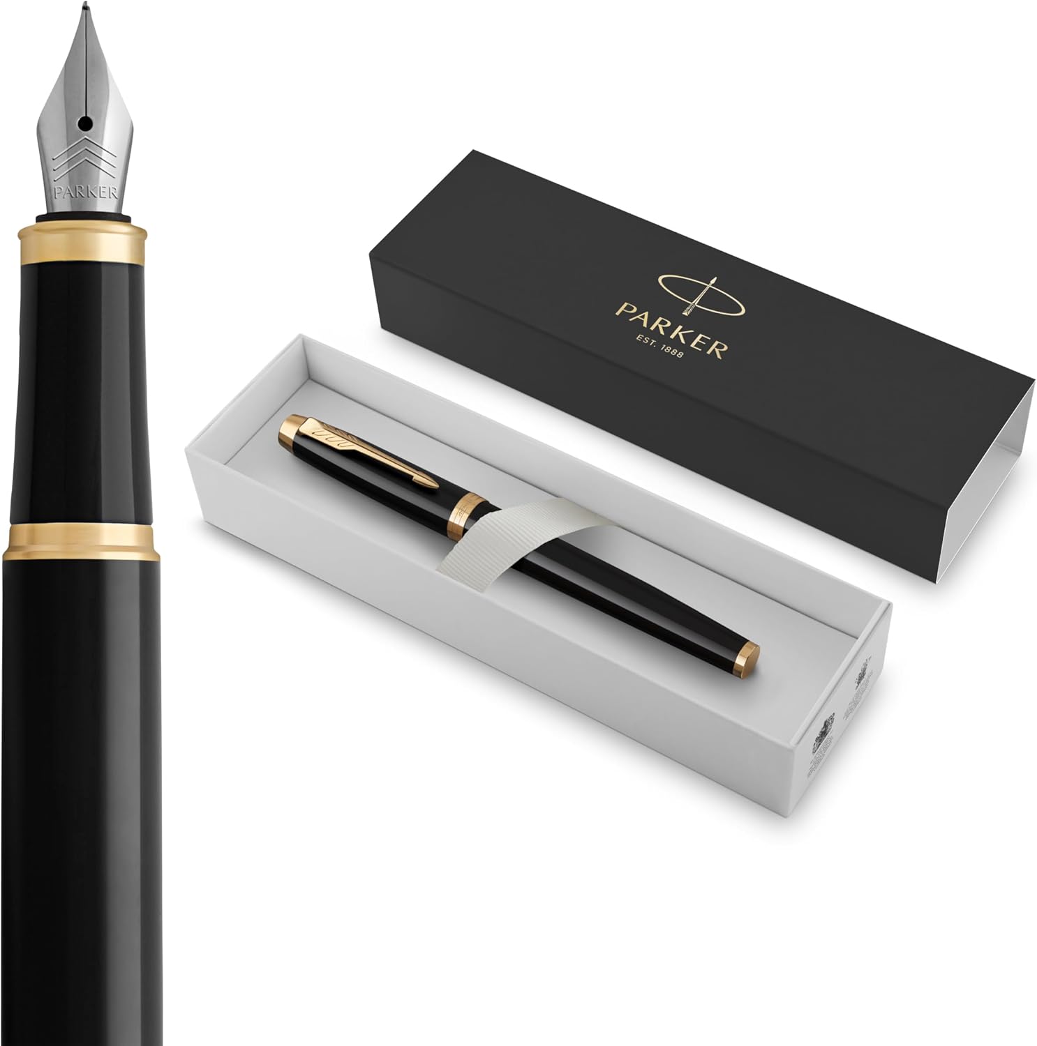 Parker IM Fountain Pen, Black Lacquer with Gold Trim, Fine Nib - Includes Blue Ink Refill and Elegant Gift Box