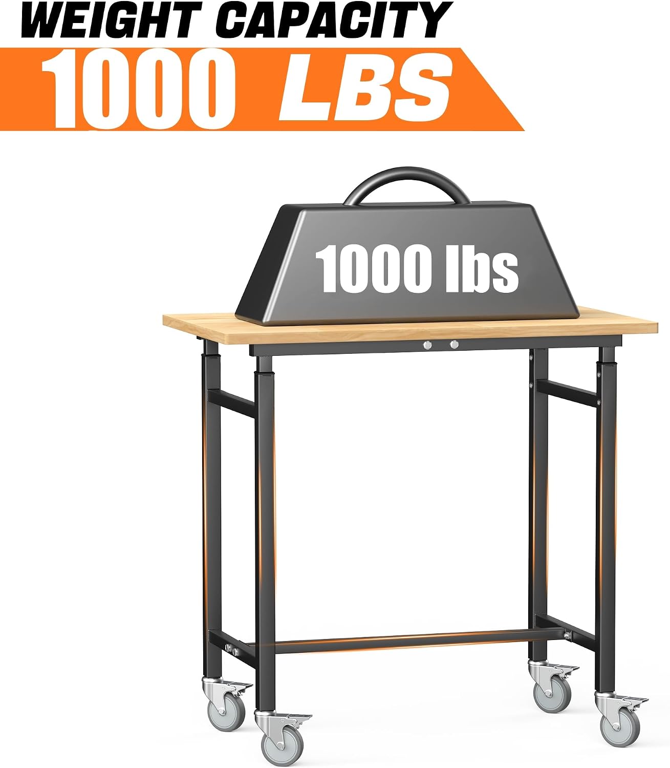 TORACK Adjustable Workbench with Rubberwood Top, Rolling 32x18 in Worktable | Height adjustable 28"–38", heavy-duty garage workbench with Wheels, up to 1000 lbs