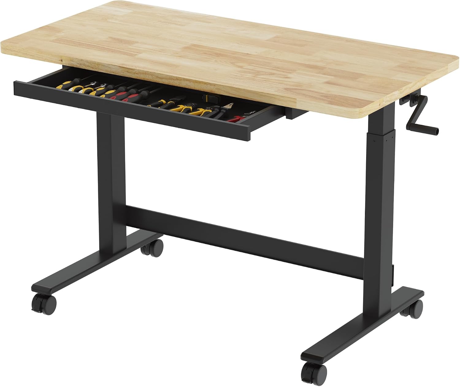 FLEXIMOUNTS 47.2" x 23.6" Adjustable Height Workbench, Hand Crank | Rubberwood Top, Heavy-Duty Steel Frame, Drawers And 360° Wheels