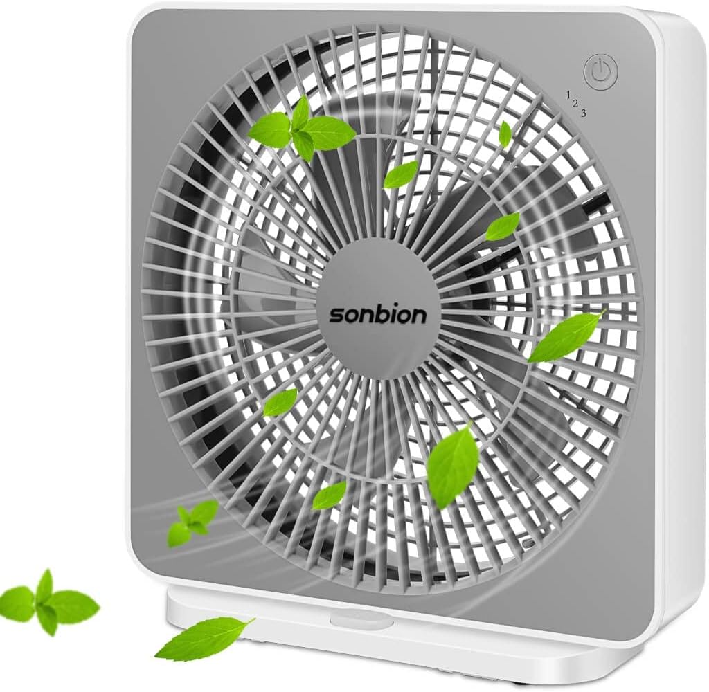 Small Box Fan, 10 inch Window Fan with 3 Speeds Strong Airflow, DC Adapter Square Table Fan for Office Bedroom Living Room Apartment