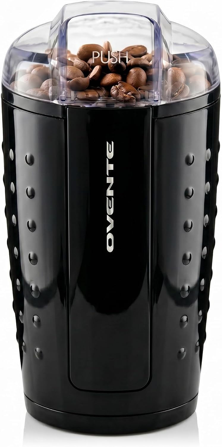 OVENTE Electric Coffee Grinder with One Touch Push-Button, White CG225W | 2.5oz Capacity, 150W Motor, Stainless Steel Blades for Uniform Grinding of Beans, Spices, Herb, Nuts & More, Safety Lock Lid