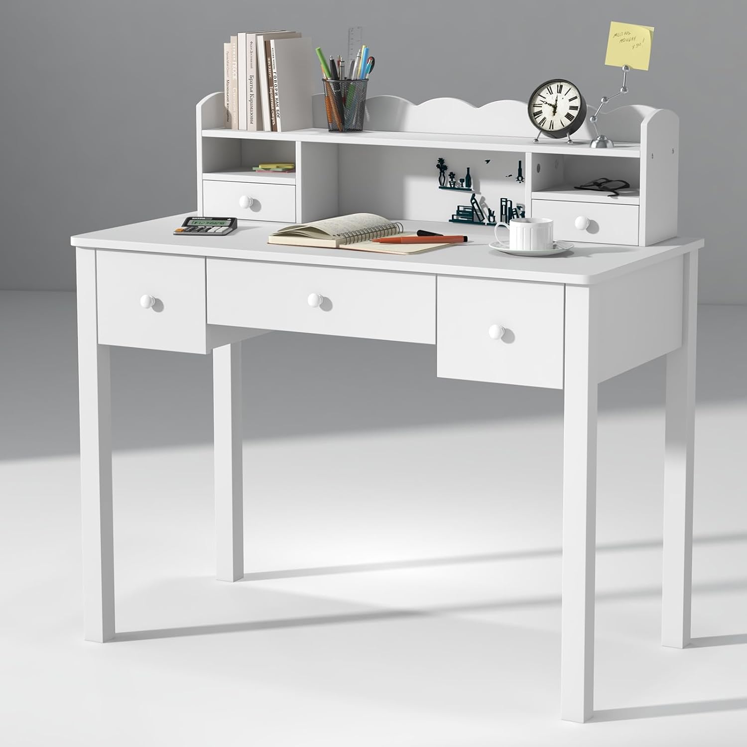 FUNKOCO Writing Desk with Hutch, 40" Small White Desk for Girls, 5 Drawers