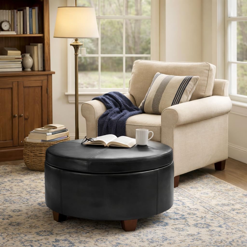 HomePop 24" Large Leatherette Storage Ottoman - Distressed Brown Faux Leather