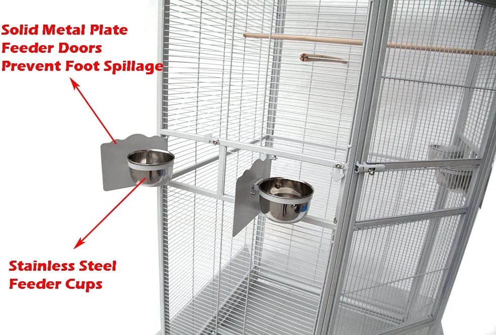 64" Extra Large Corner Bird Flight Breeding Wrought Iron Rolling Parrot Cage Side Solid Metal Plate Feed Doors Pull Out Removable Grate and Tray