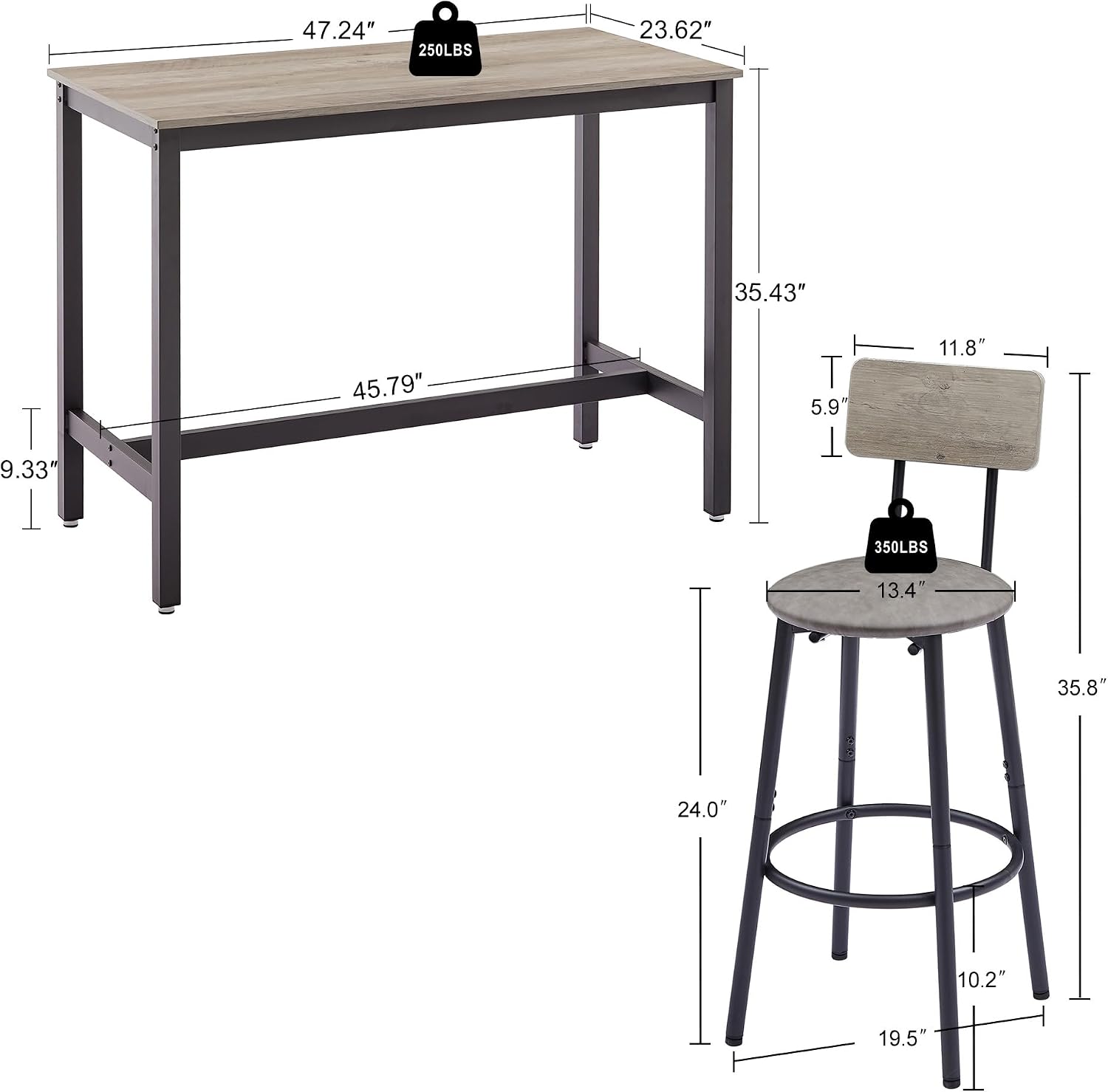 Bar Table Set with 4 Bar stools PU Soft seat with backrest, Grey, 47.24'' L x 23.62'' W x 35.43'' H