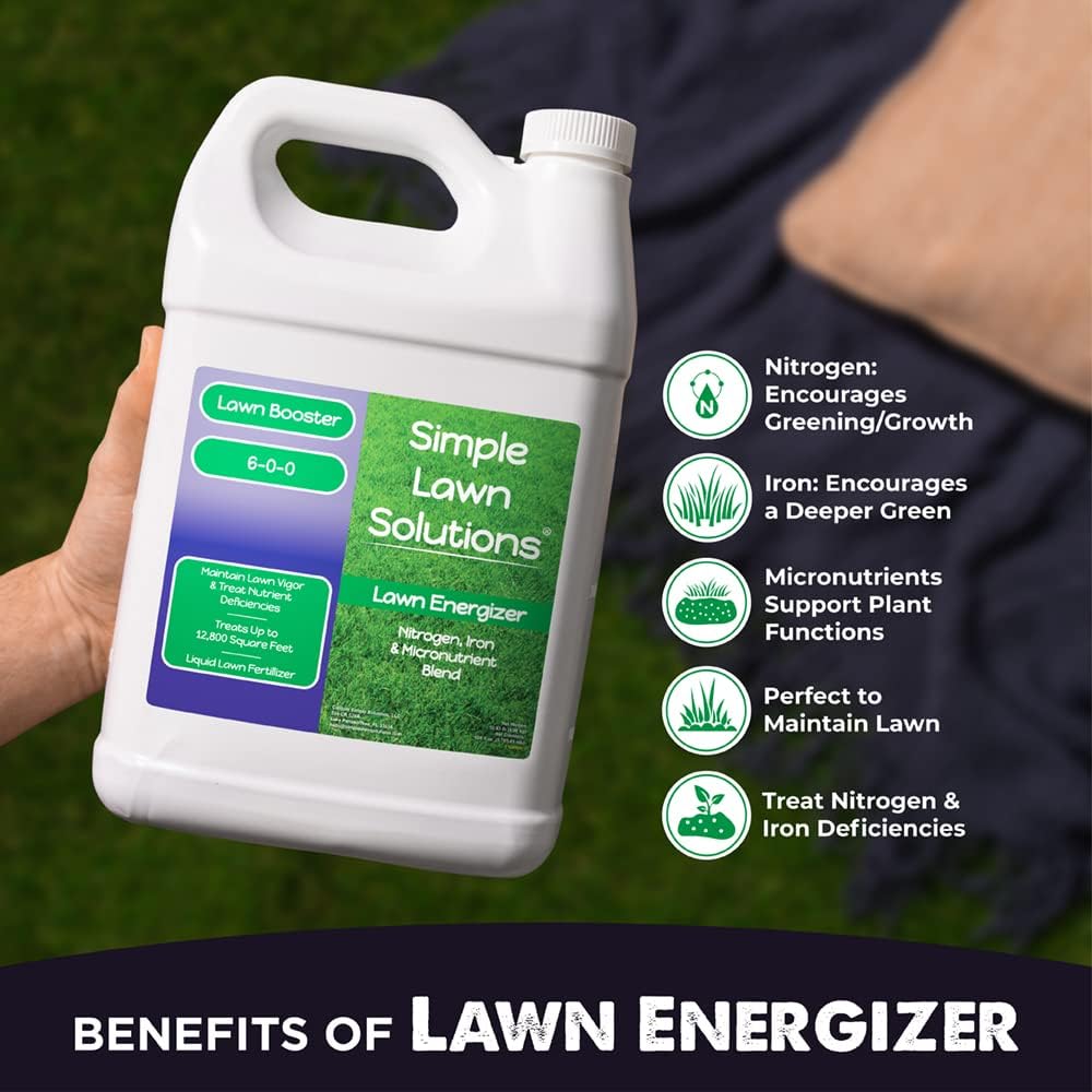 Commercial Grade Lawn Fertilizer with Iron- Liquid Fertilizer Spray- Nitrogen and Iron for Deeper Green Turf- Any Grass Type - Simple Lawn Solutions - Lawn Energizer - 32 Ounce