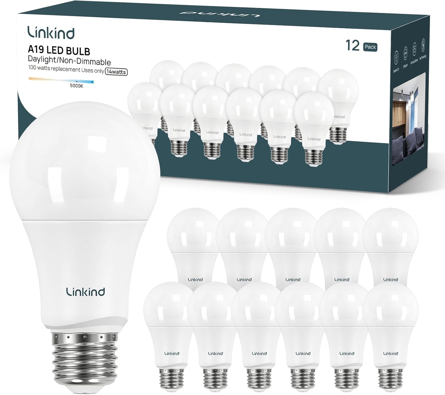 Linkind A19 LED Light Bulbs, 100 Watt Equivalent, 2700K Soft White 6 Packs