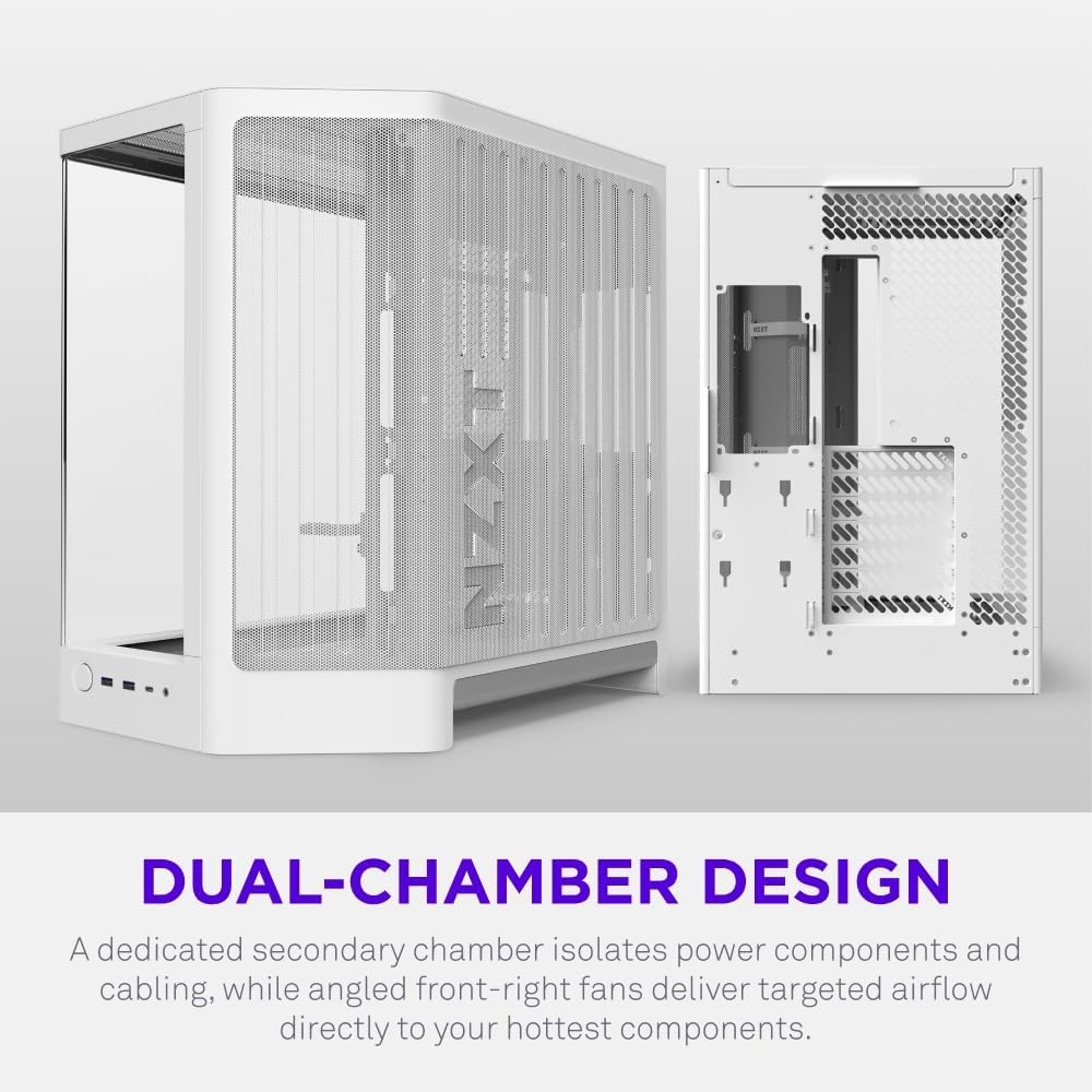 NZXT H6 - Compact Dual-Chamber ATX PC Case - White | Dual-chamber ATX case supporting up to 10 120mm fans and 360mm radiators, with back-connect motherboard compatibility.