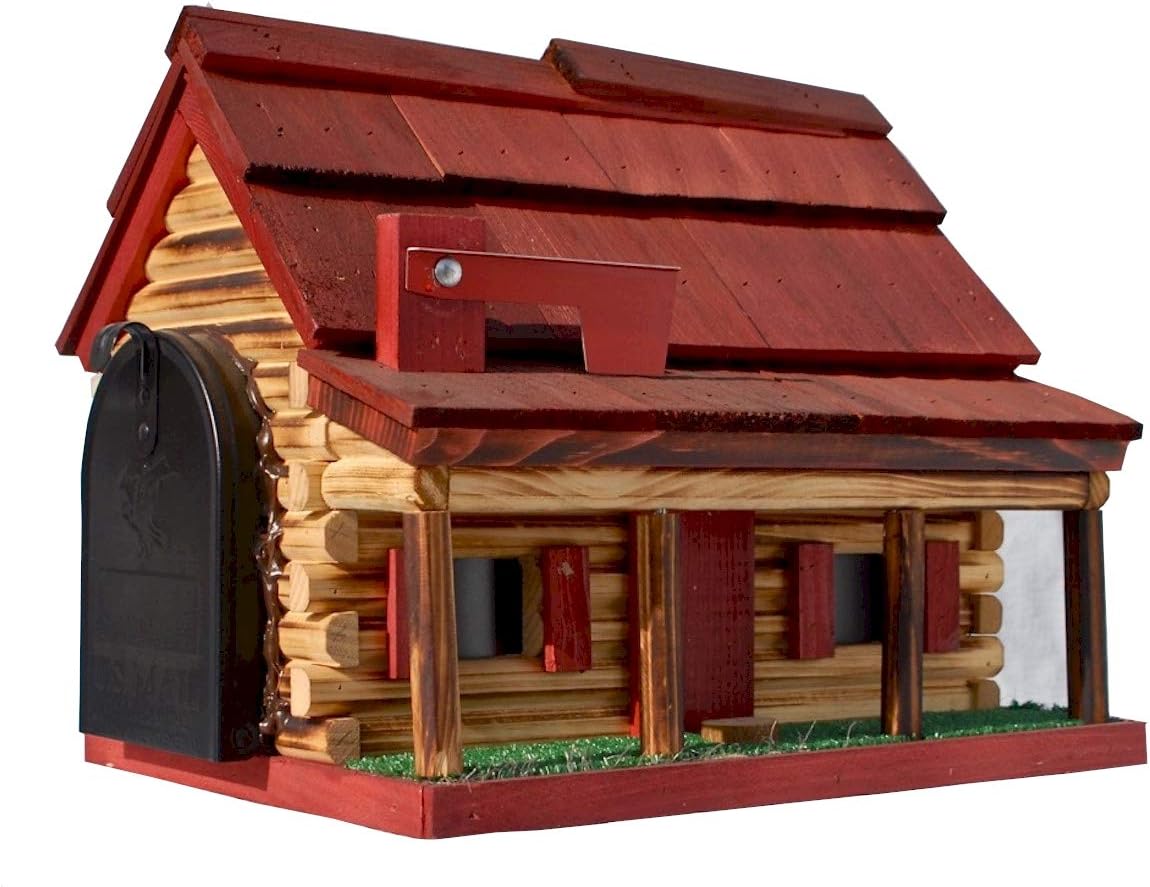 Log Cabin with Porch Wooden Mailbox Red Amish Made in USA