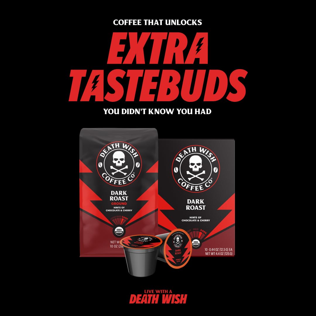 Death Wish Coffee Dark Roast Single Serve Coffee Pods, Organic, 50 Count | Fair Trade Arabica & Robusta, Baker's Chocolate & Cherry Notes, Low Acidity, Heavy Smooth Body, Bold & Intense