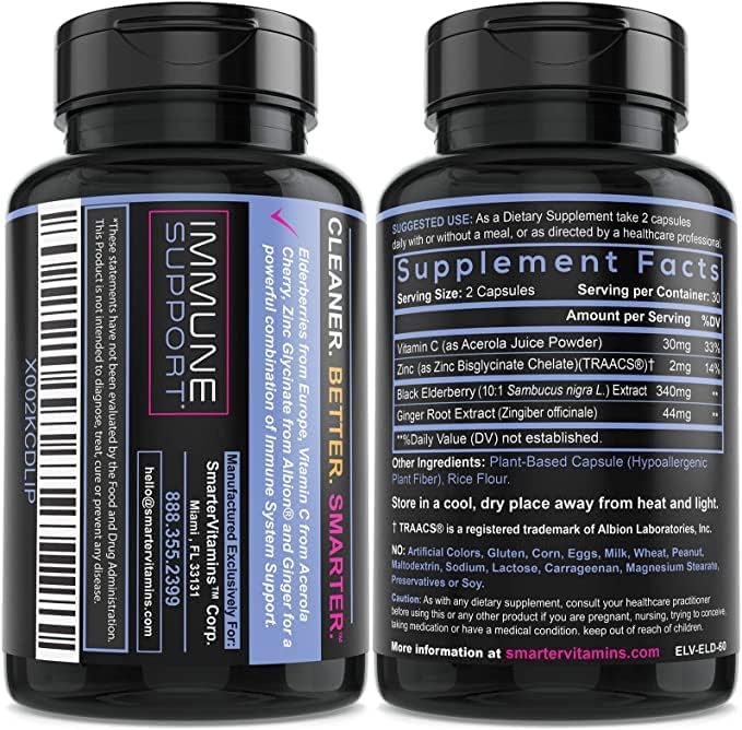 10:1 Black Elderberry Extract with Vitamin C, Zinc & Ginger, 60 Vegan Caps