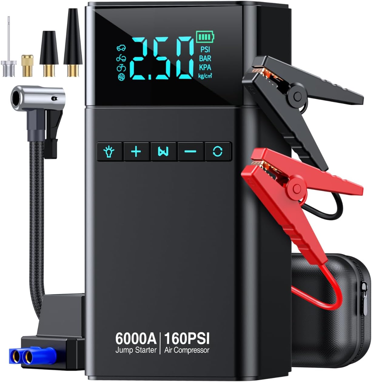 10-in-1 Portable Car Battery Jump Starter with Air Compressor, 6000A 160PSI Portable Car Jumper Starter (All Gas 12L Diesel)