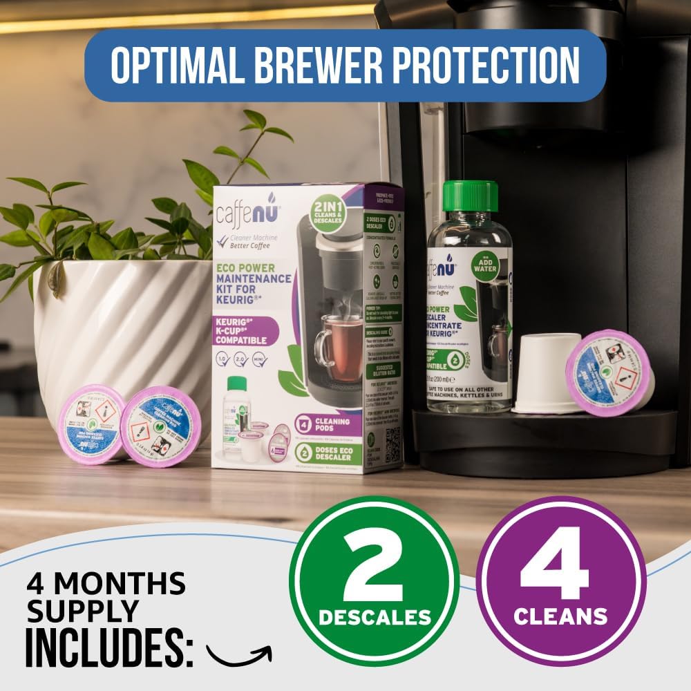 Caffenu Keurig Compatible Descaling Solution and Cleaning Pods Kit, 4 Uses | Descaler & Cleaner for Keurig