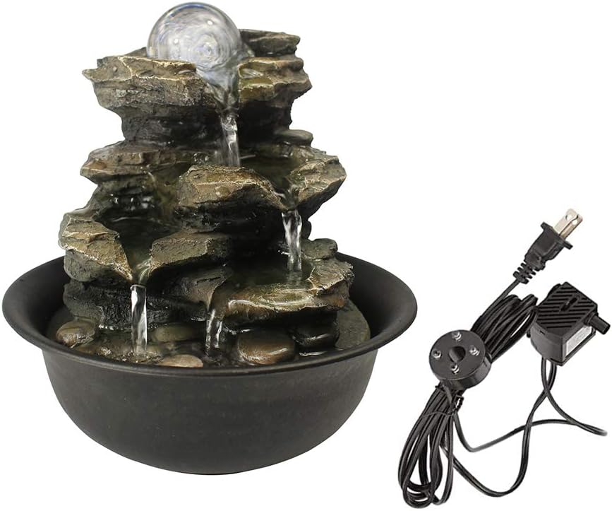 Rockery Indoor Water Fountain, Zen Meditation Tabletop Fountain with LED Lights & Crystal Ball for Home Office Bedroom 9 4/5"