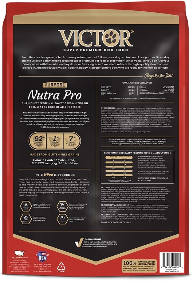 VICTOR Purpose Nutra Pro Dry Dog Food - High Protein Gluten-Free, 40 lb | Super Premium Dog Food, Low Carb Dry Kibble, For Active Dogs of All Ages, For Sporting, Pregnant or Nursing Dogs & Puppies