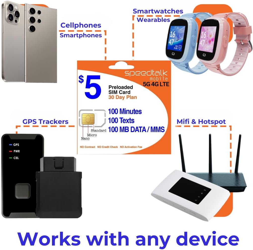 $5 Prepaid SIM Card – Top Value Plan for Smartphones & Cellphones | 100 Minutes, 100 Texts, 100MB Data | 5G/4G LTE | Triple-Cut (Mini, Micro, Nano) | No Contract – 30-Day Service