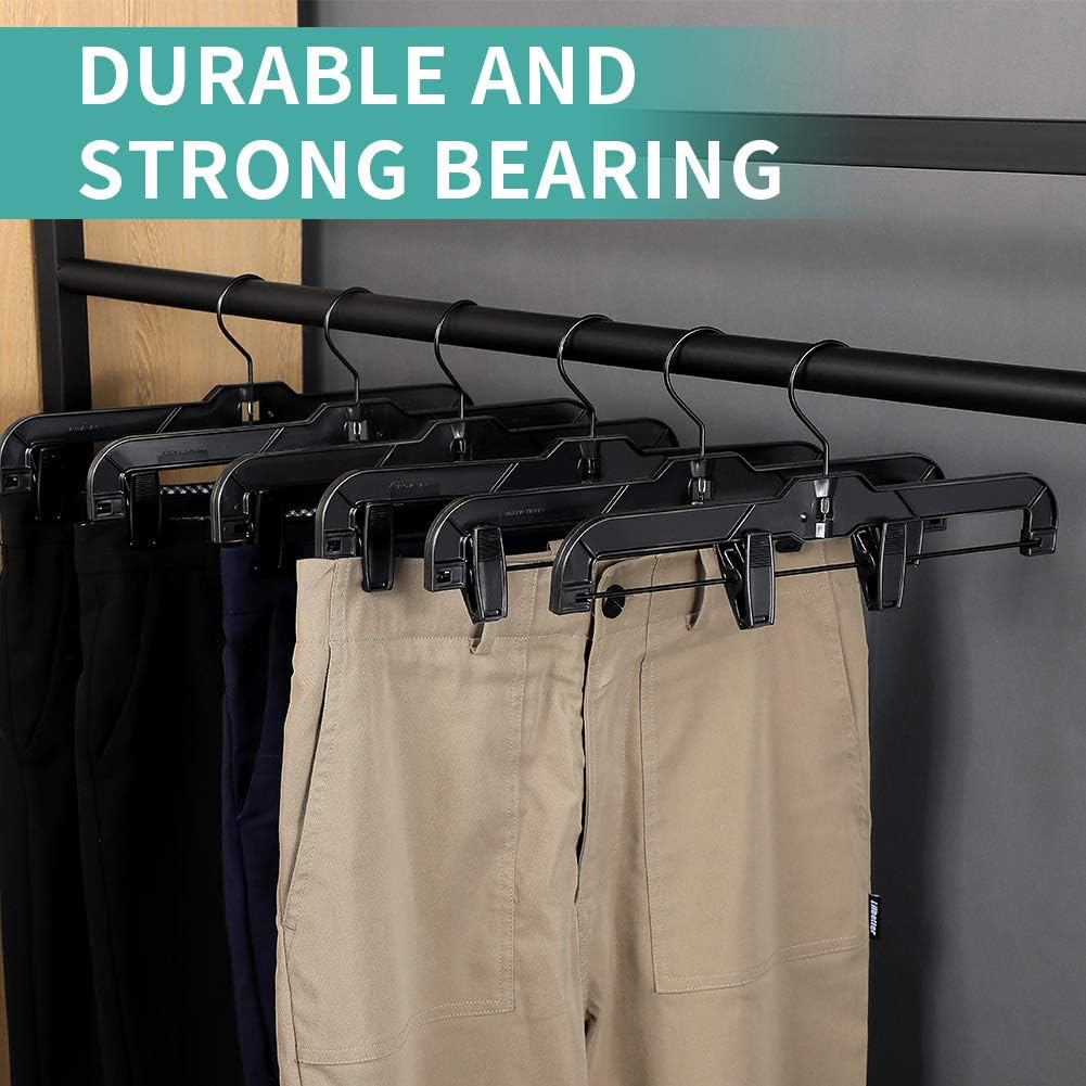 True Black Plastic Pant Skirt Hangers 20 Pack, with Strong Plastic Clips and Steel Wire, All Black Finish 14 inch