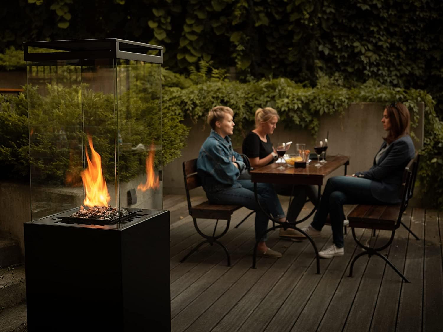 Planika Faro 41, 000 BTU Propane Patio Heater 59" Modern Freestanding Glass Tower with Wheels, Smokeless 360° Flame