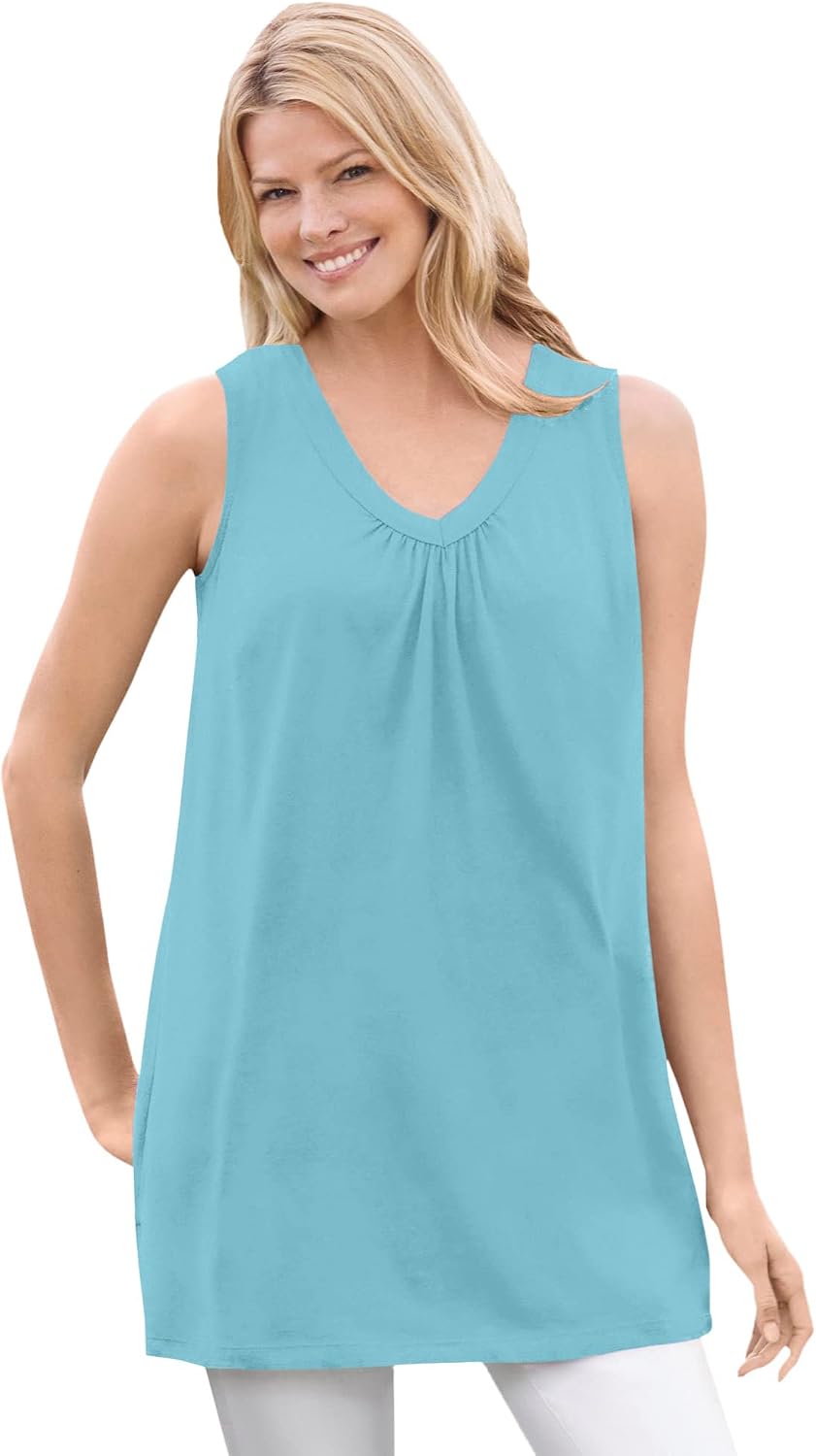 Woman Within Perfect Sleeveless Shirred V-Neck Tunic