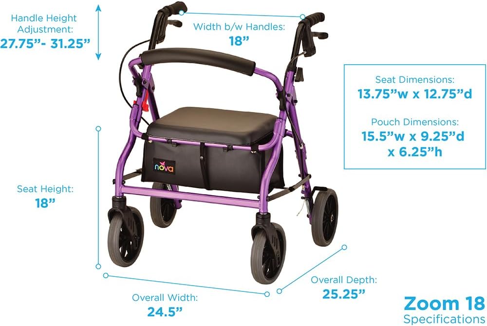 NOVA Zoom 22 Rollator Walker for Seniors, Rolling Walker with Locking Hand Brakes, Padded Seat & 8" Wheels, Lock N Load for Easy Transport & Storage, Adjustable Height 5'5"–6'1", Red