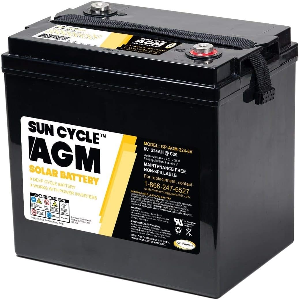 Go Power GP-AGM-224-6V 6 Volt AGM Deep Cycle Battery - 224 Amp Rechargeable Replacement Solar Battery for PV Solar, Inverters, RV & Off-Grid Use