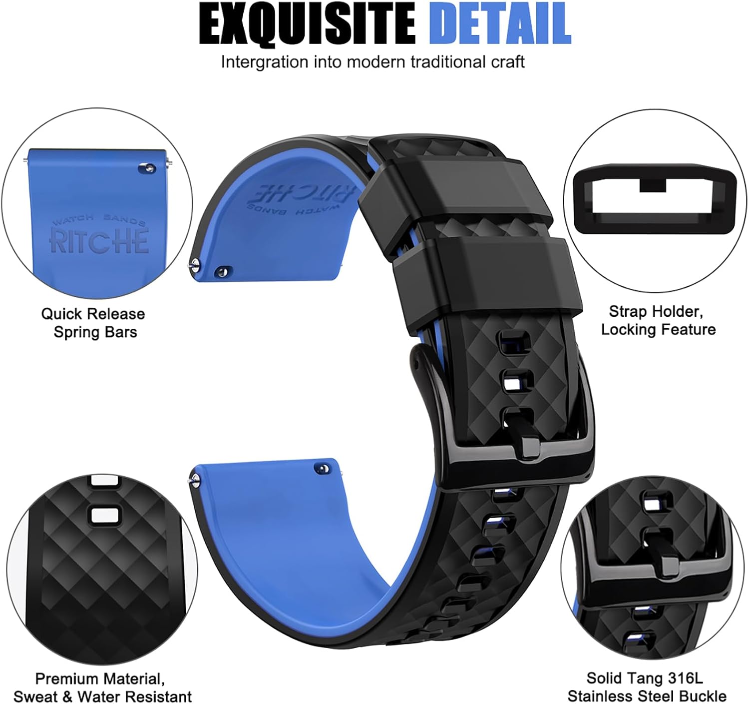 Ritche Christmas Gift Silicone Watch Bands 18mm 20mm 22mm 24mm Quick Release Rubber Watch Bands for Men, White Elephant Gifts