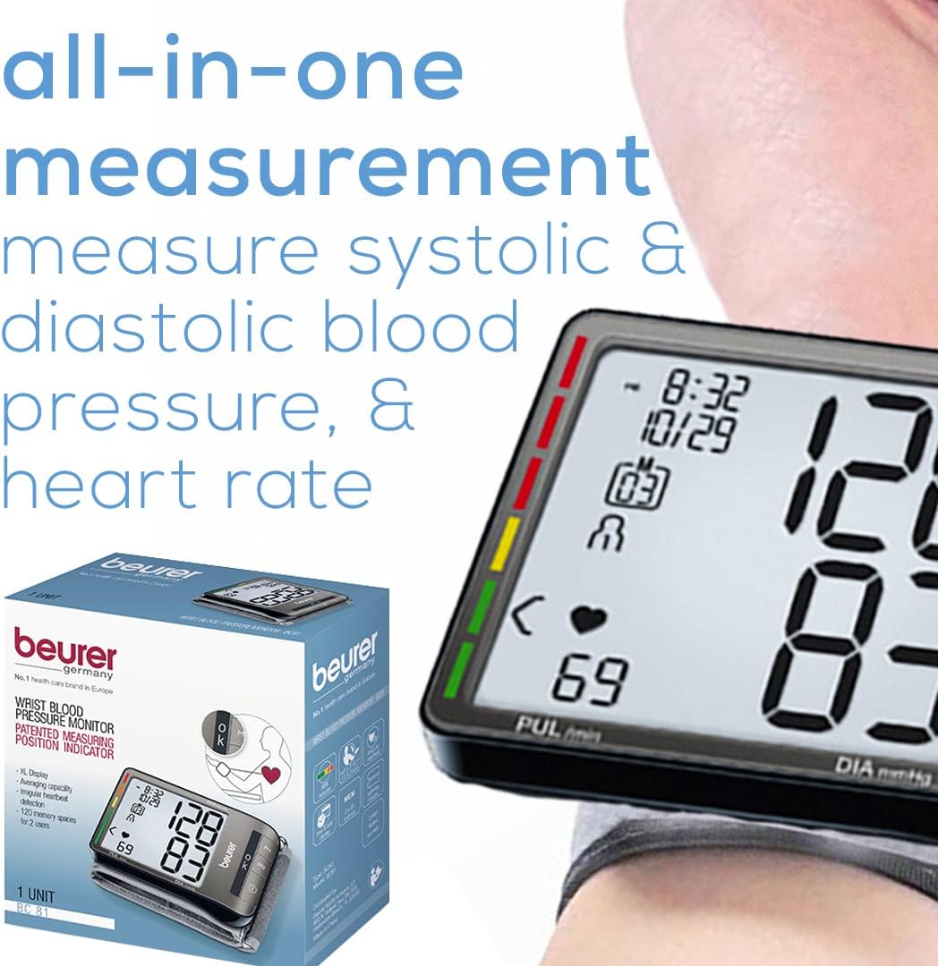 Beurer BC81 Wrist Blood Pressure Monitor – XL Display, Arrhythmia Detection, 120 Memory Sets – XL Blood Pressure Cuff Wrist for Home Use