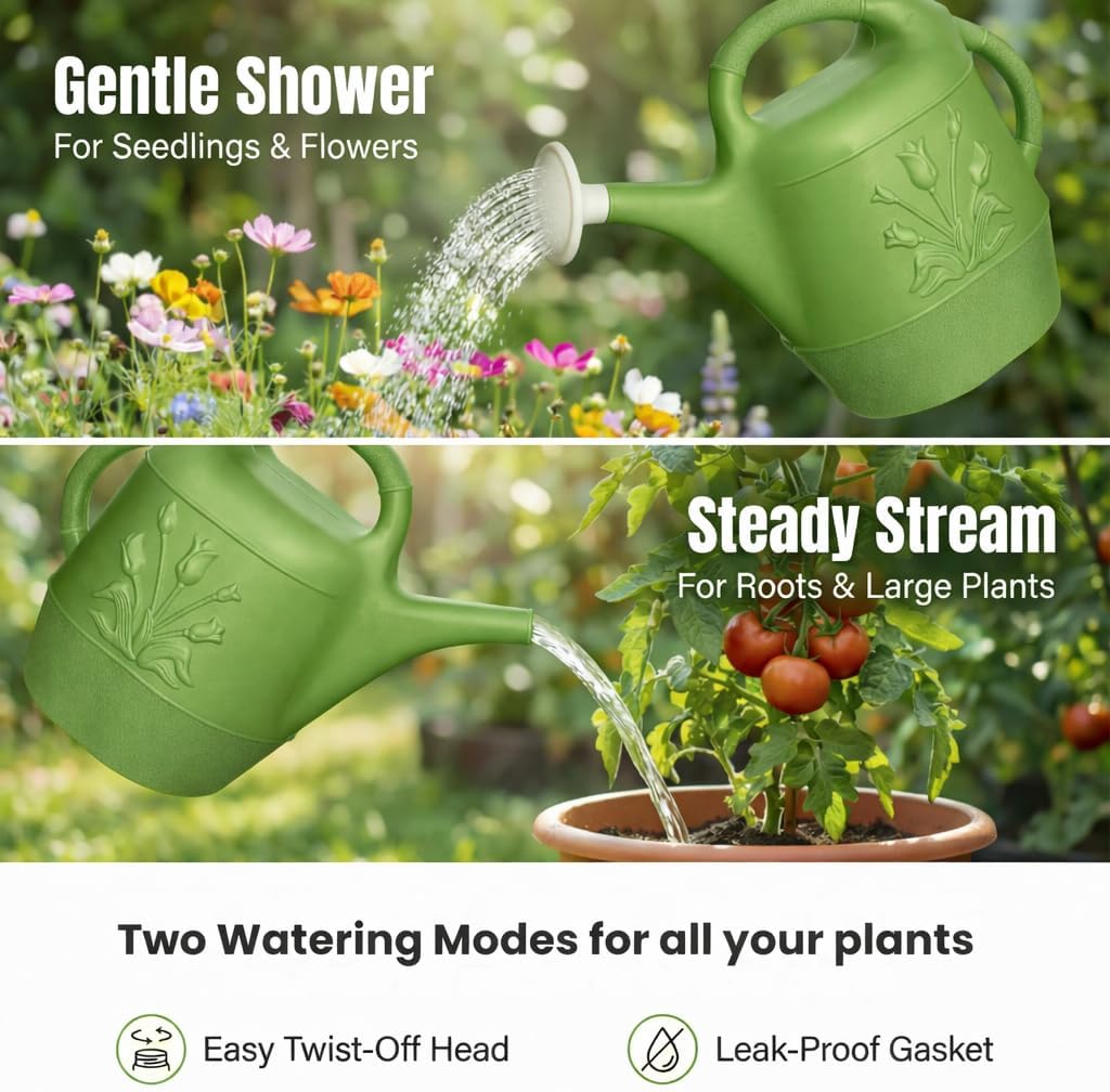 PMU 2 Gallon Watering Can - Garden Watering Can for Indoor & Outdoor Plants - Plastic Water Can with Detachable Sprinkler Head - Large Water Pot, Made in USA - Hunter Green Pkg/1