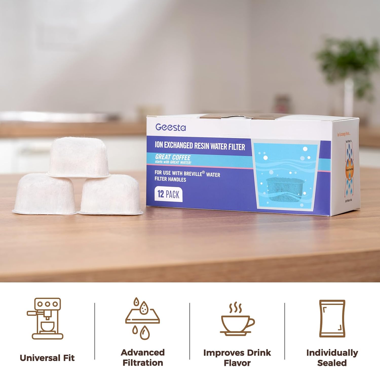 Geesta 6-Pack Resin Water Filters for Breville BWF100 | Replacement Filters for Breville Espresso Machine Barista Express, Ion Exchange Resin Softens Water, Reduces Impurities