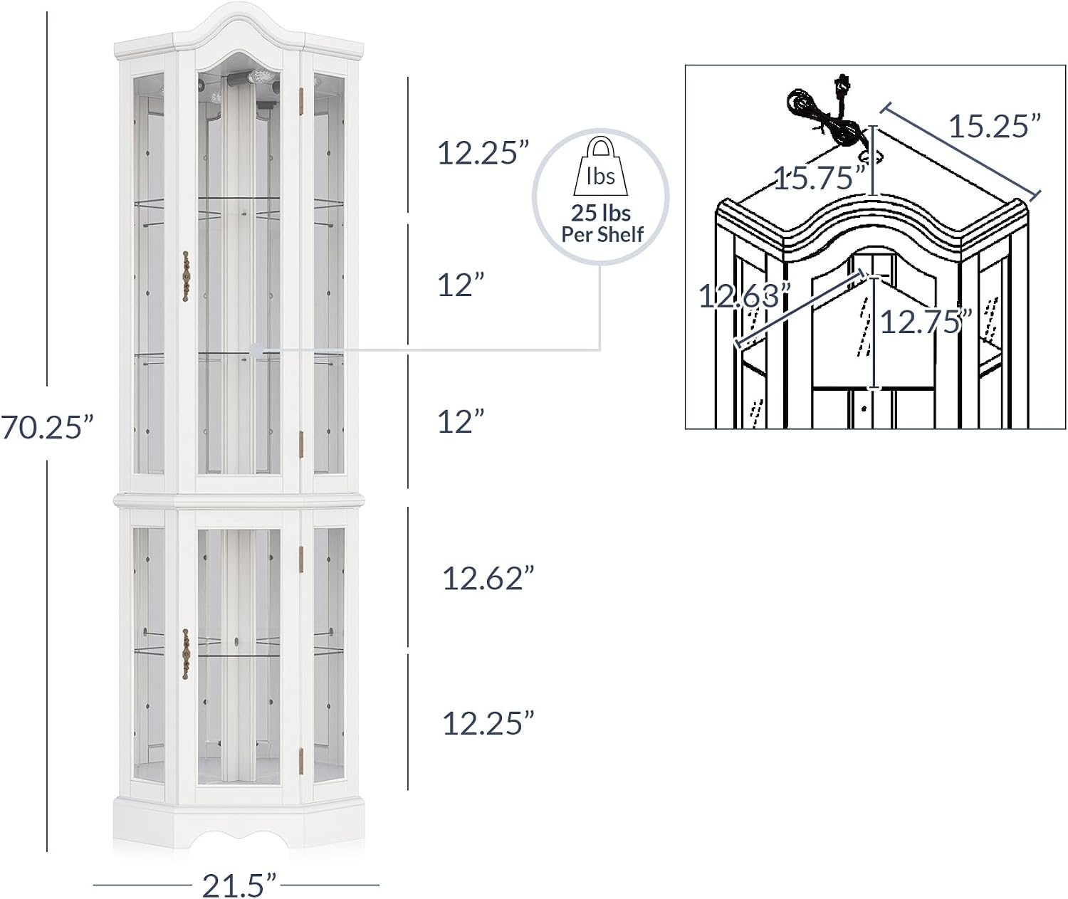 BELLEZE Lighted Corner Display Curved Top Curio Cabinet Wooden Shelving Unit with Tempered Glass Door