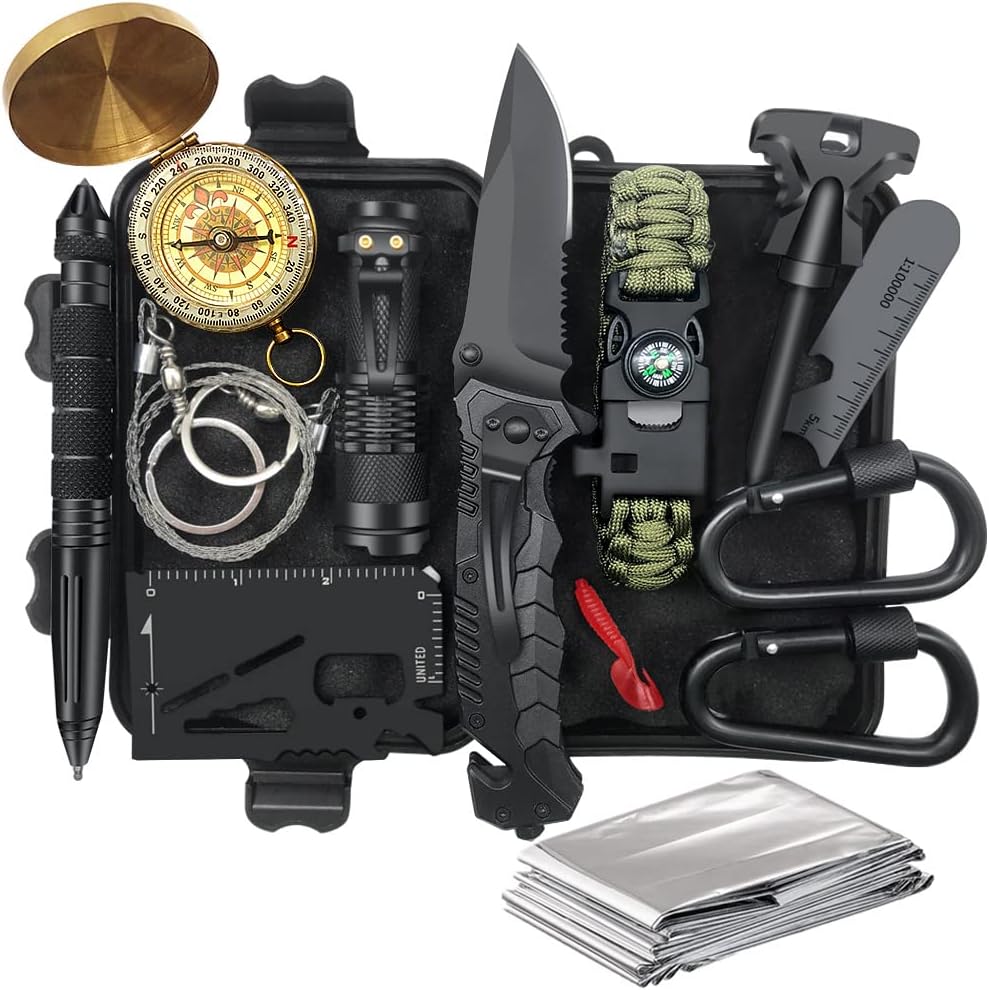 Survival Kit 14 in 1, Gifts for Men Dad Husband, Emergency Survival Gear and Equipment, Anniversary Birthday Gifts for Him Boyfriend, Hunting Fishing Camping Accessories
