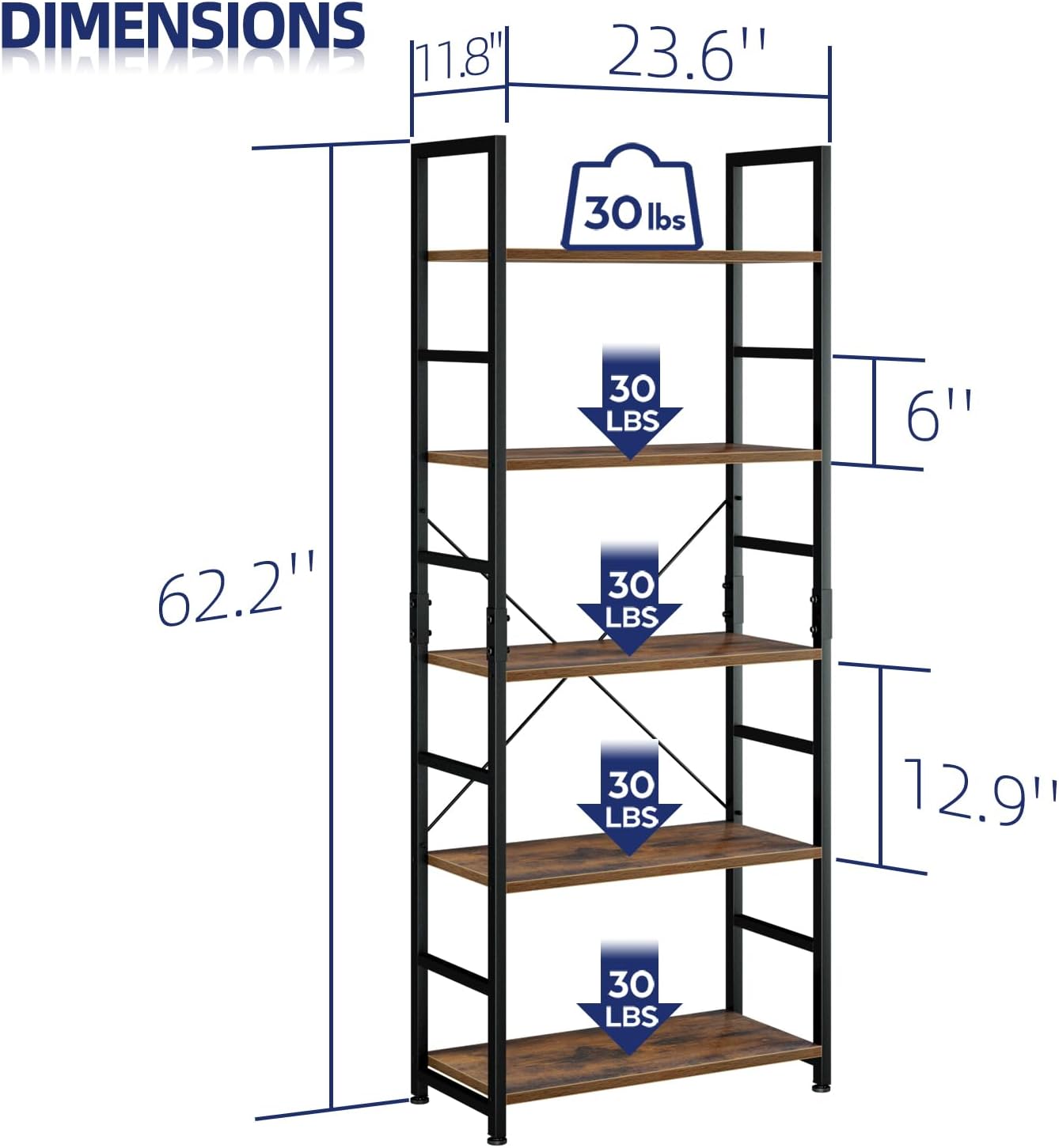 NUMENN 5 Tier Bookshelf, Tall Freestanding Open Storage Bookcase, Vintage