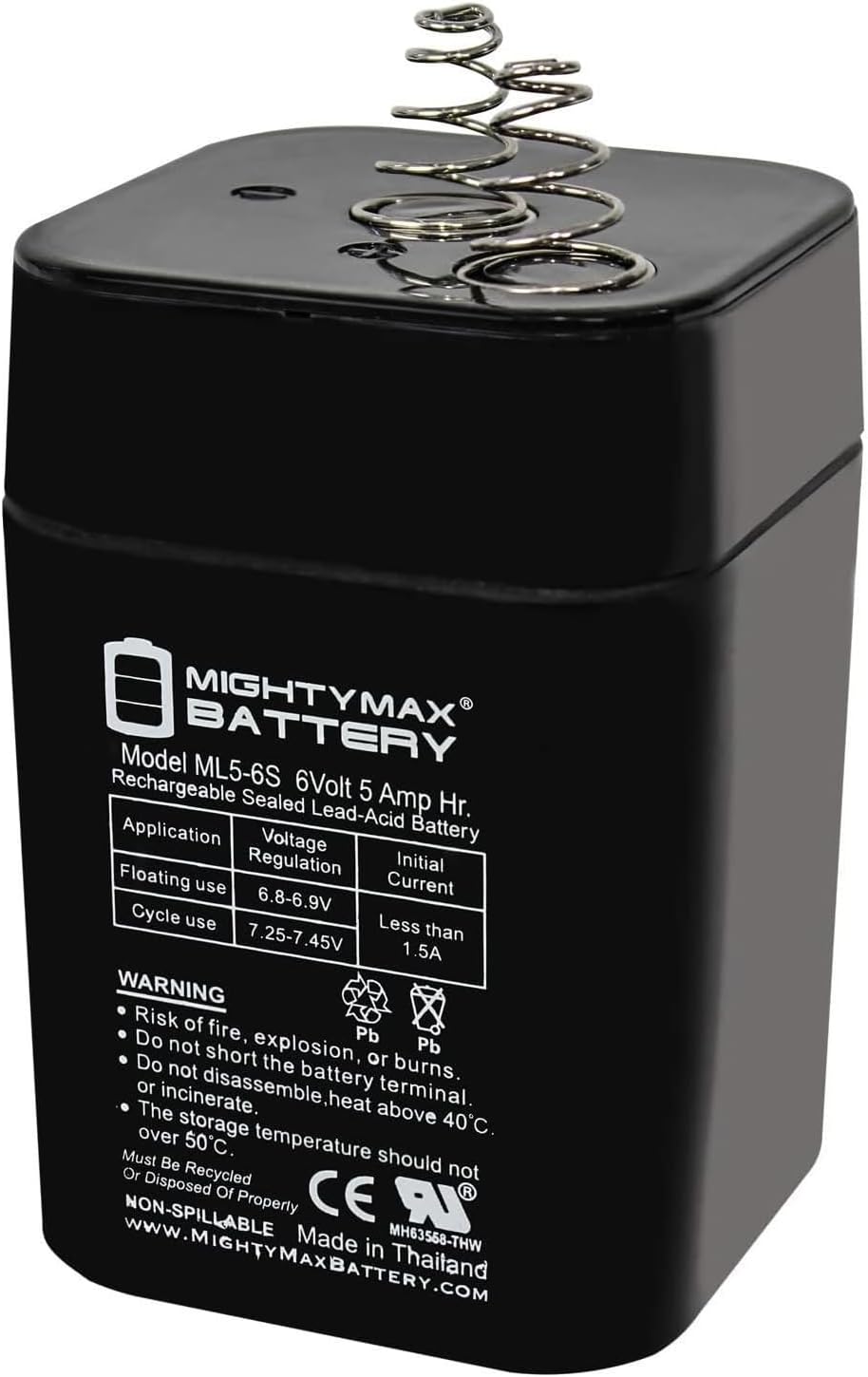 ML5-6S -6 Volt 5 AH, Spring S2 Terminal, Rechargeable SLA AGM Battery