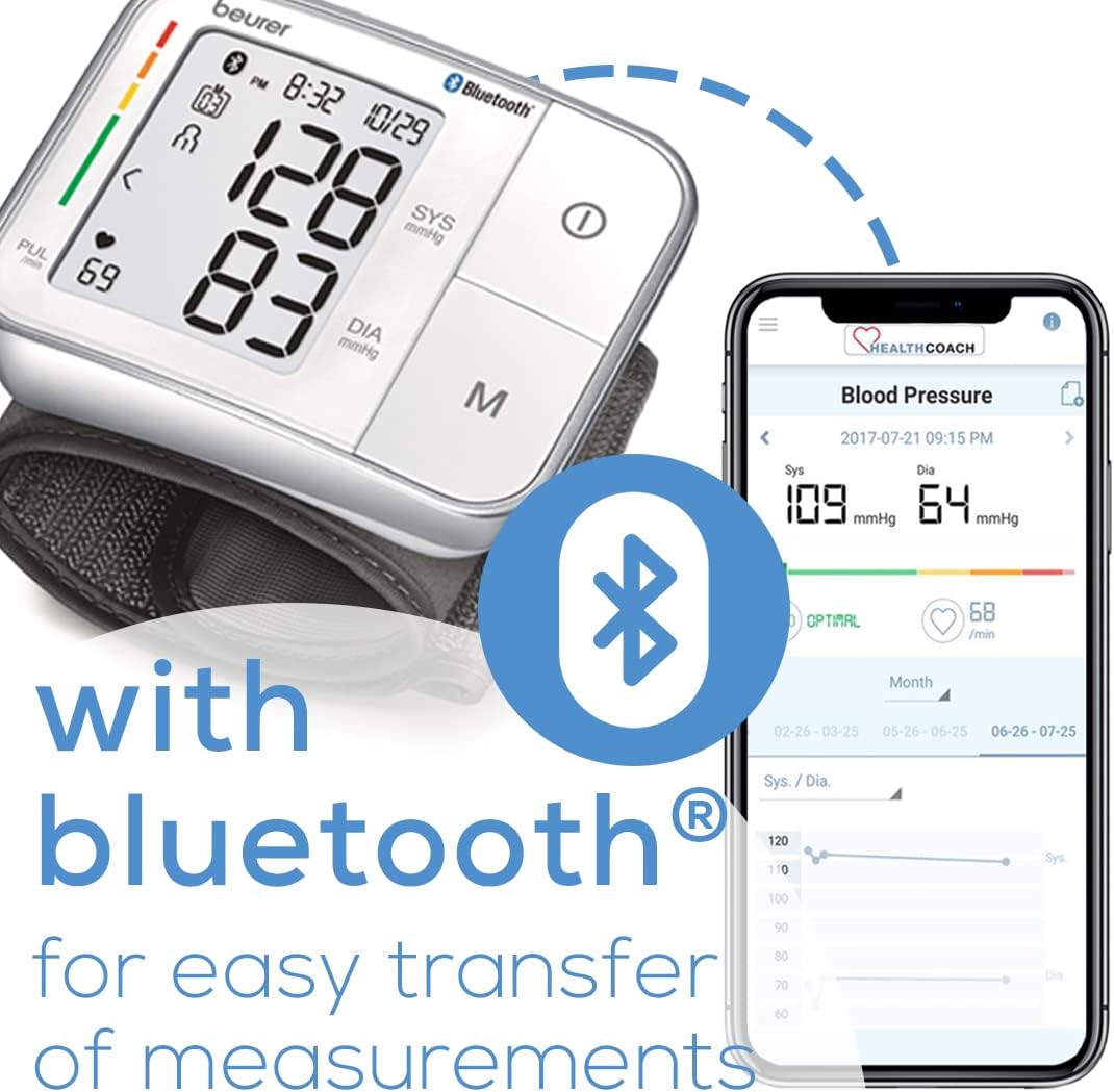 Beurer Bluetooth Smart, Wireless & Automatic Wrist Blood Pressure Monitor with Large LCD Display, Irregular Heartbeat Detection, Multi-Users