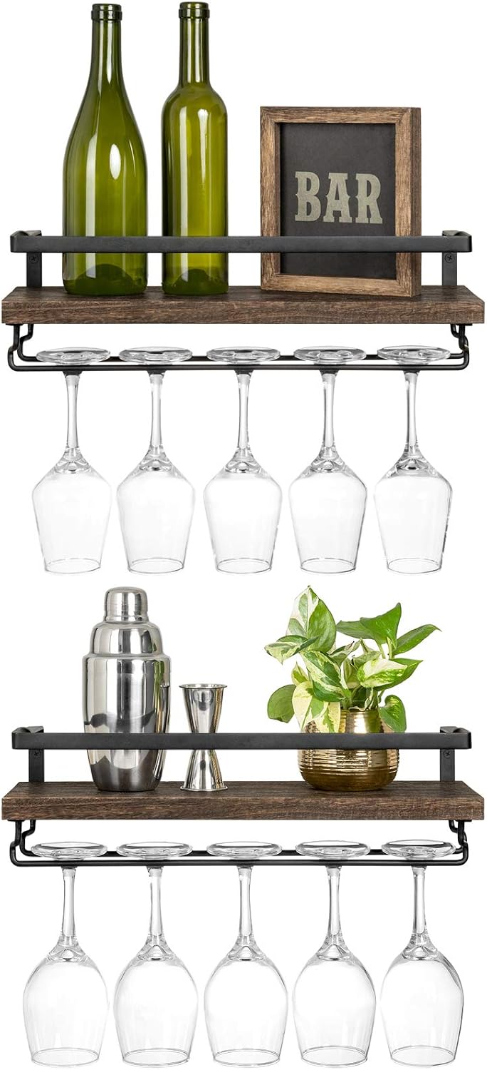 Mkono Wall Mounted Wine Rack Set of 2 Wood Rustic Wine Bottle Glass Floating Shelves with Stemware Hanger Modern Plants Photos Wine Display Storage