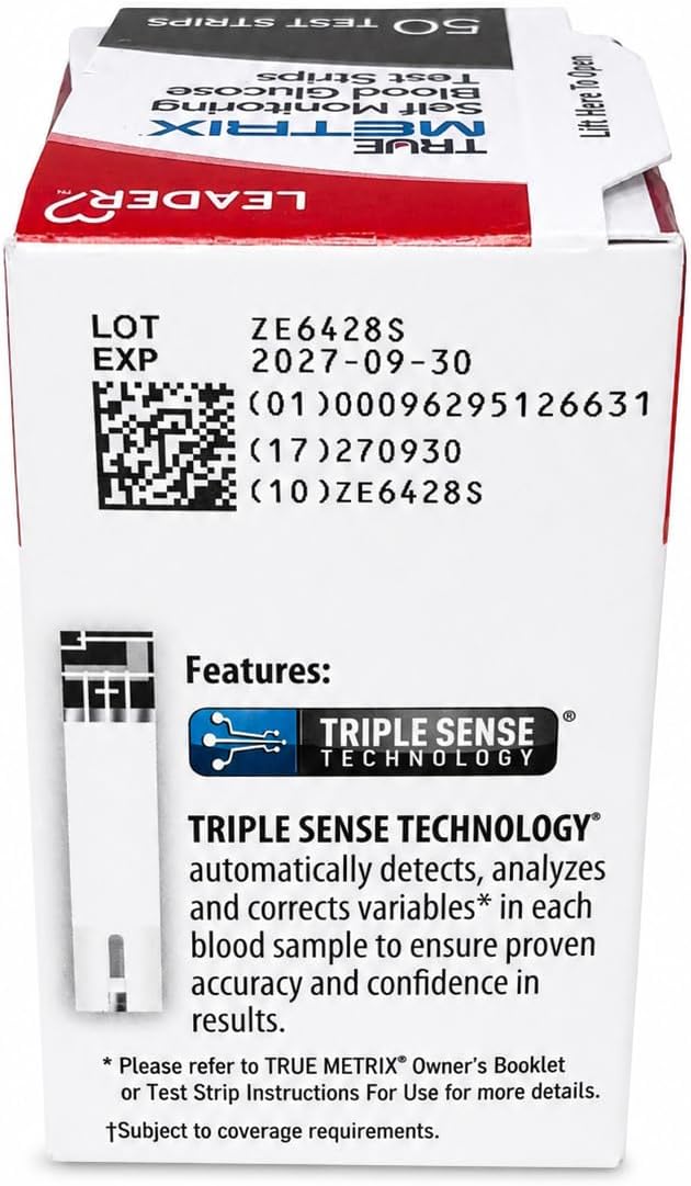 LEADER True Metrix Blood Glucose Test Strips for Diabetes, Tiny Blood Sample, Self-Monitoring, Triple Sense Technology, for Adults and Kids 12+