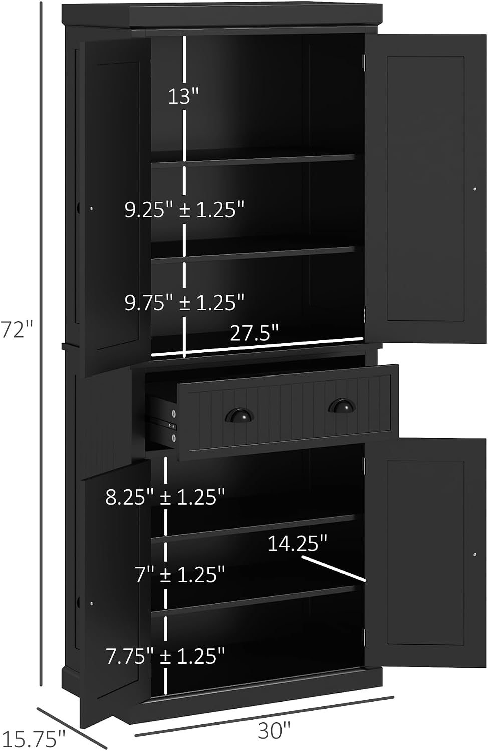 HOMCOM 72" Kitchen Pantry Cabinet Freestanding Tall Storage Cabinet White | Traditional Kitchen Pantry, 4 Doors, Drawer, 3 Adjustable Shelves, for Dining Room