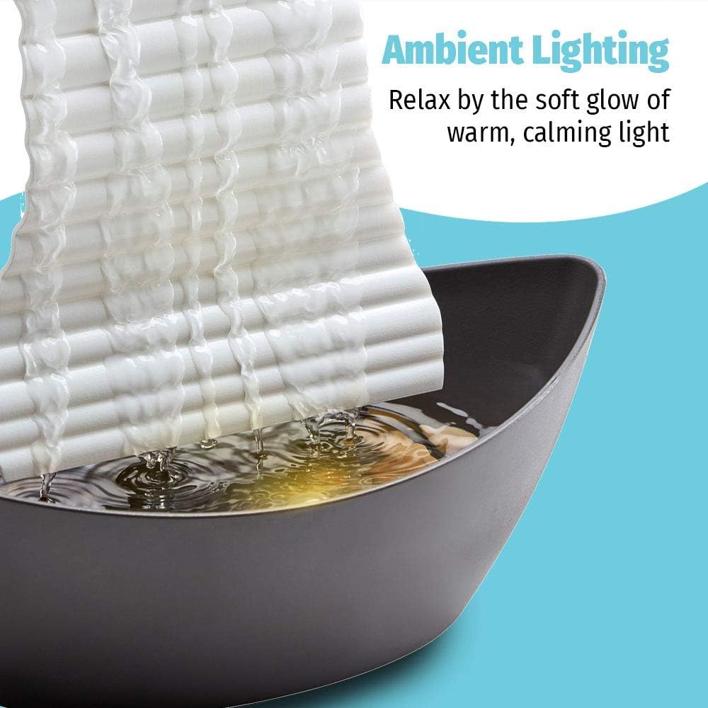 Homedics White Waters Relaxation Indoor Tabletop Fountain, Ambient LED Lighting and Natural Waterfall Sounds for Home, Office, Bedroom, Desktop