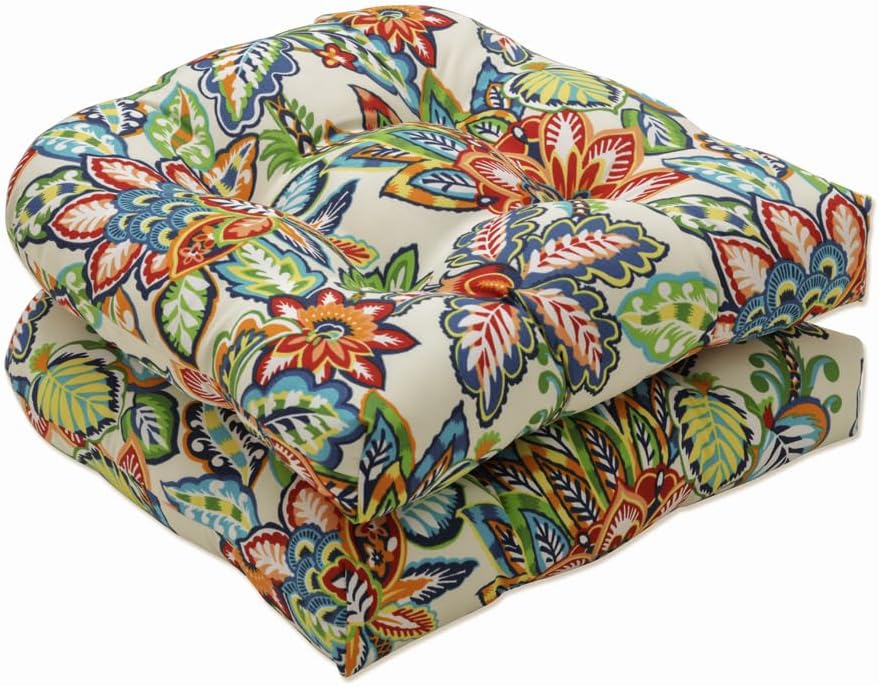 Pillow Perfect Bright Floral Indoor/Outdoor Tufted Wicker Seat Cushion, 2 Count, 19" x 19", Blue/Tan Telfair Peacock