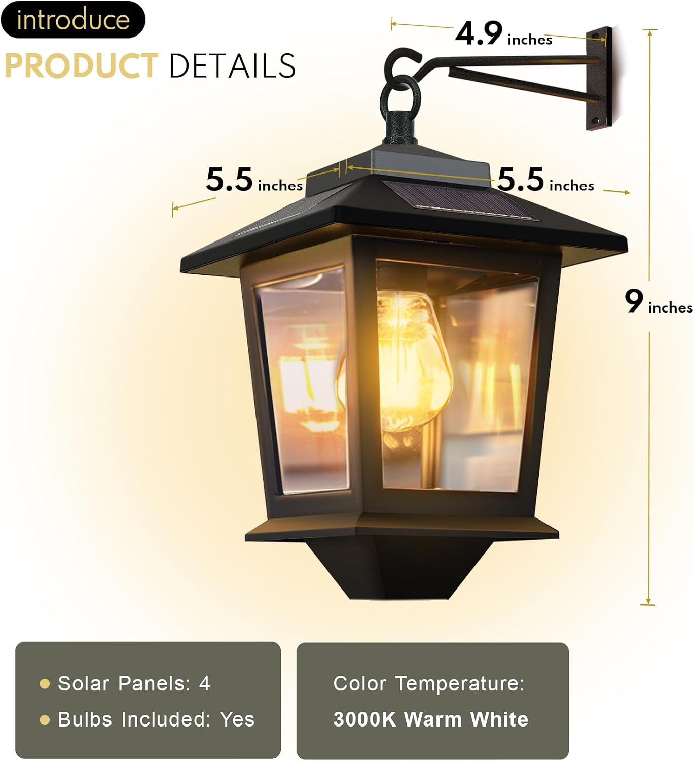PASAMIC 2 Pack Solar Wall Lanterns, Outdoor Hanging Lights with 4 Solar Panels, Dusk to Dawn Led Outdoor Wall Sconce