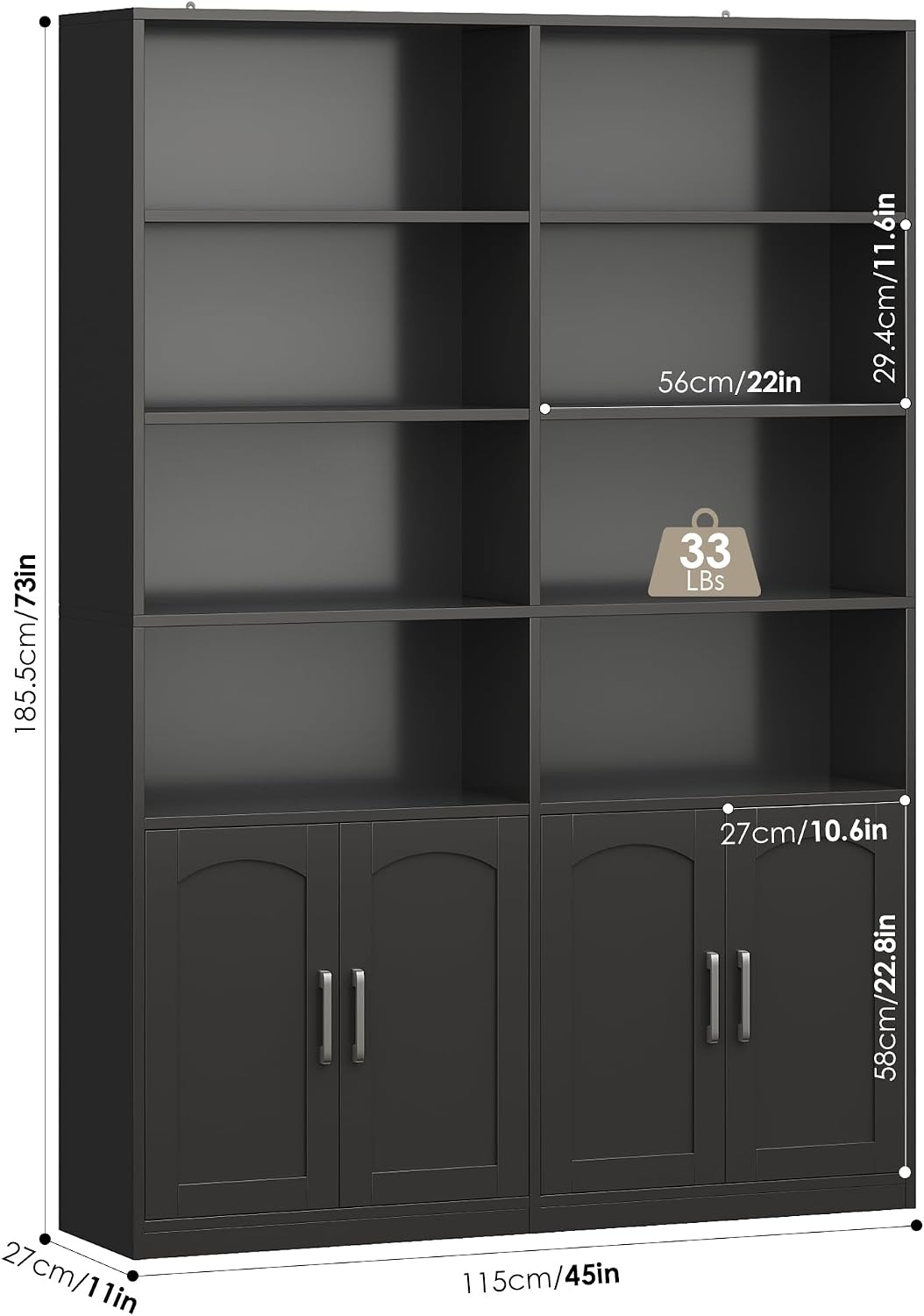 Bookshelf and Bookcase with Doors, Double Wide Large Bookshelves | Industrial Open Display Shelves 6 Tier, 73'' Tall Bookshelf with Storage Cabinets for Office,Home, Living Room, Library,White